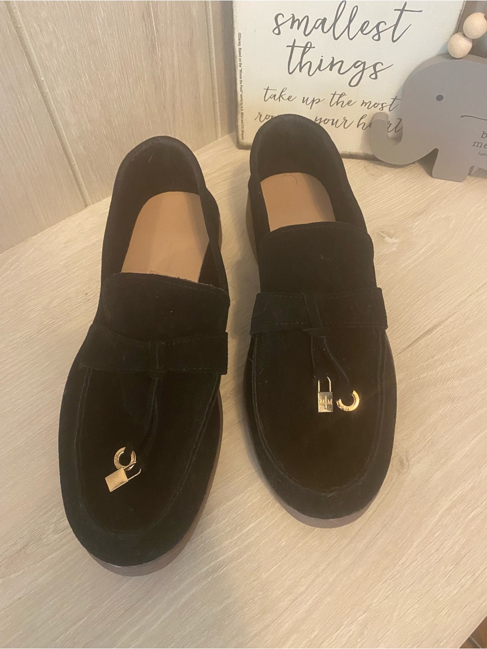 Women’s Black Suede Tassel Loafers with Gold Hardware